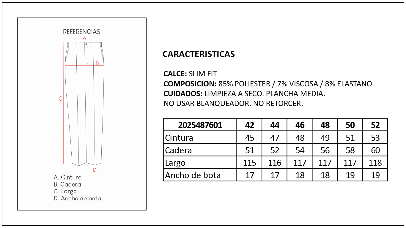 Tabla de Talles Pantal&oacute;n Slim Fit Elastizado Britches
